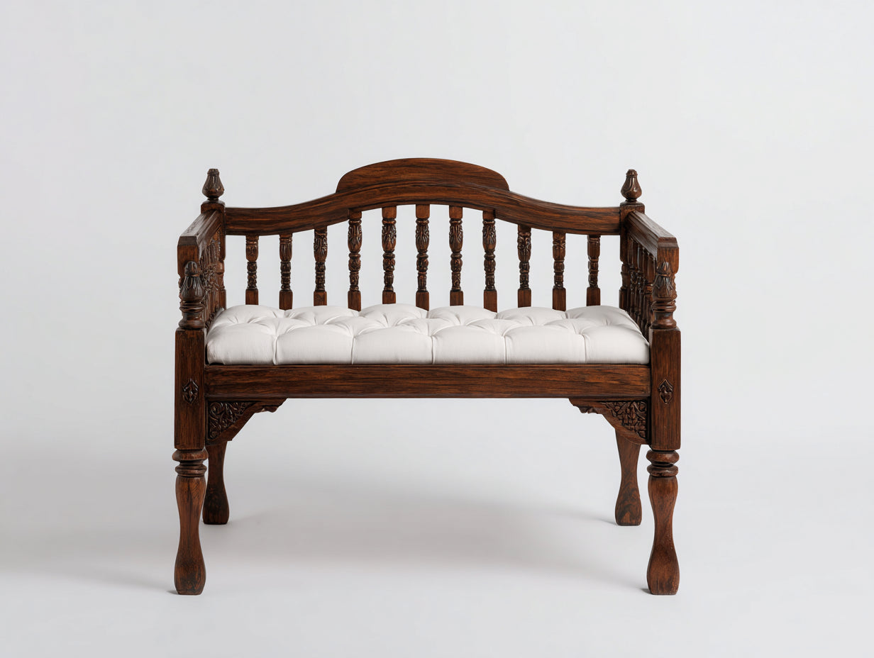 Banc de jardin - bois-tissu - 136x57x89 cm - brun-blanc - style traditionnel