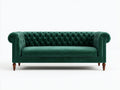 Canapé droit - velours-bois - 214x90x79 cm - vert émeraude-noyer - style chesterfield
