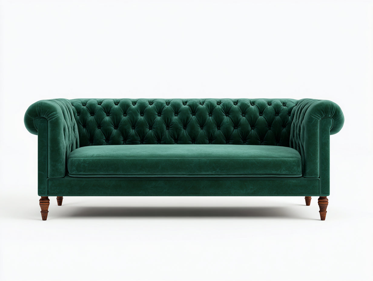 Canapé droit - velours-bois - 214x90x79 cm - vert émeraude-noyer - style chesterfield