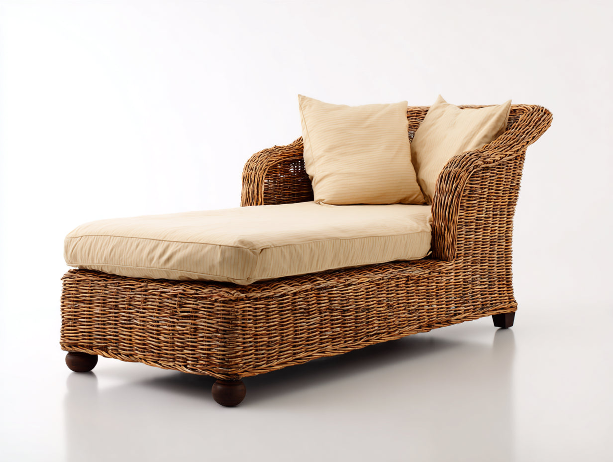 Bain de soleil - rotin-bois-tissu - 177x82x88 cm - naturel-beige - style naturel