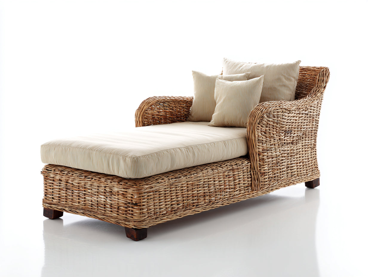 Bain de soleil - rotin-bois-tissu - 176x84x90 cm - naturel-beige - style naturel