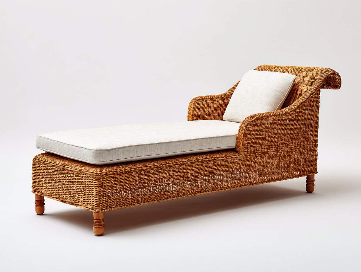 Bain de soleil - rotin-bois-tissu - 188x73x84 cm - naturel-beige - style classique
