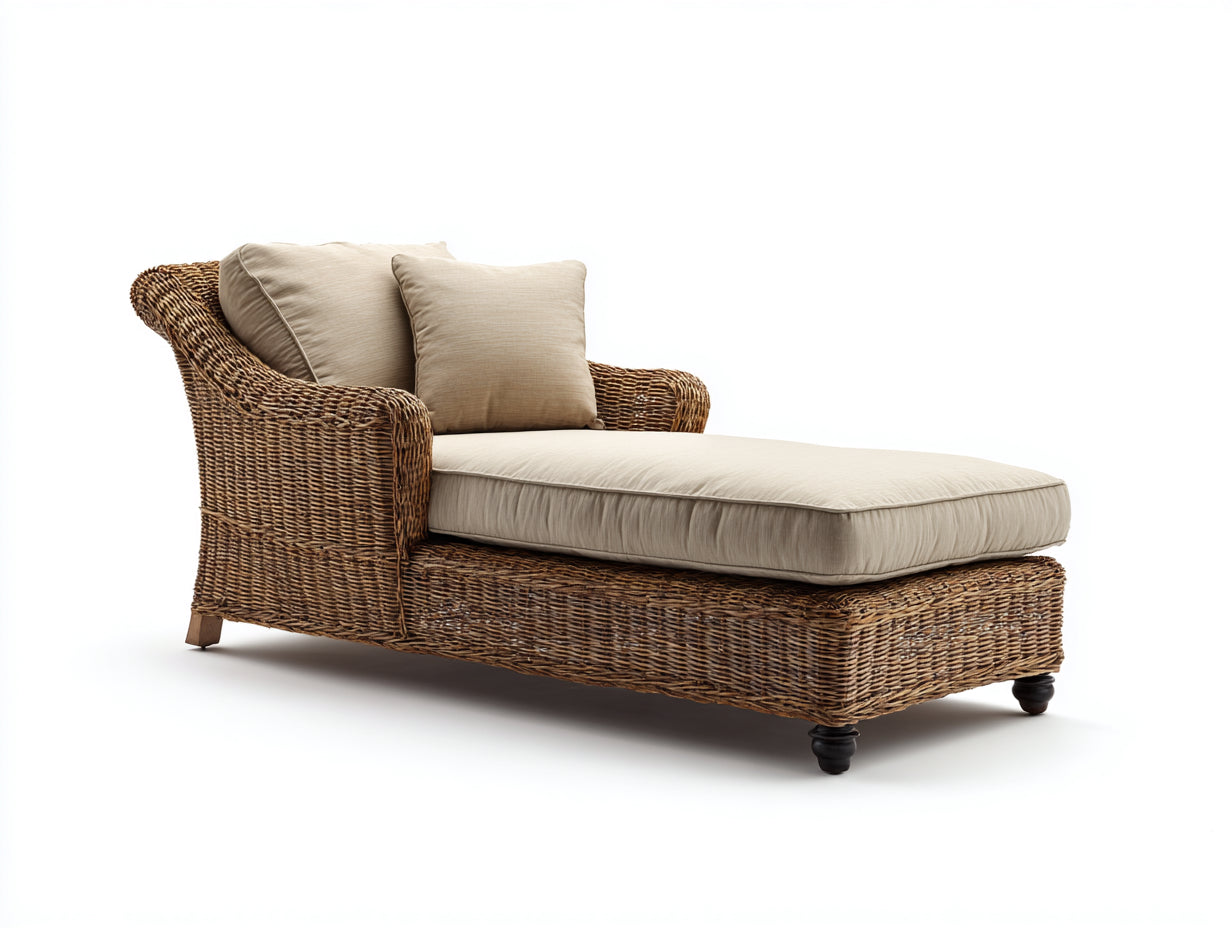 Bain de soleil - rotin-bois-tissu - 180x79x87 cm - naturel-beige - style naturel