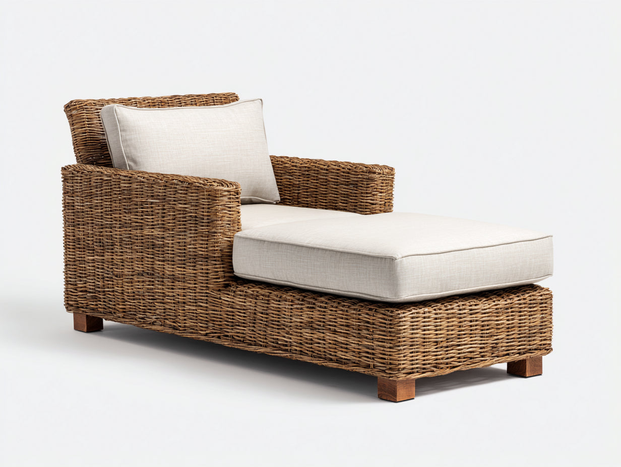 Bain de soleil - rotin-bois-tissu - 170x78x86 cm - naturel-beige - style naturel