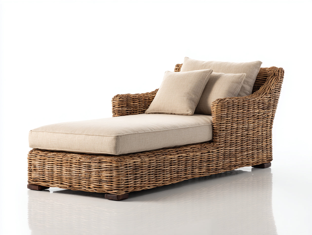 Bain de soleil - rotin-bois-tissu - 174x83x89 cm - naturel-beige - style naturel