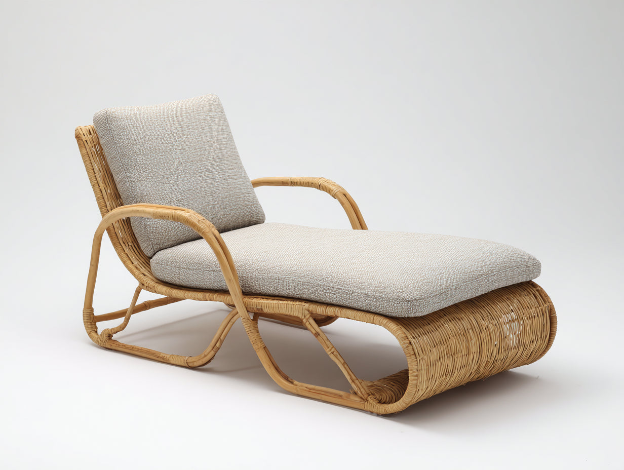 Bain de soleil - rotin-tissu - 185x72x88 cm - naturel-gris clair - style lounge