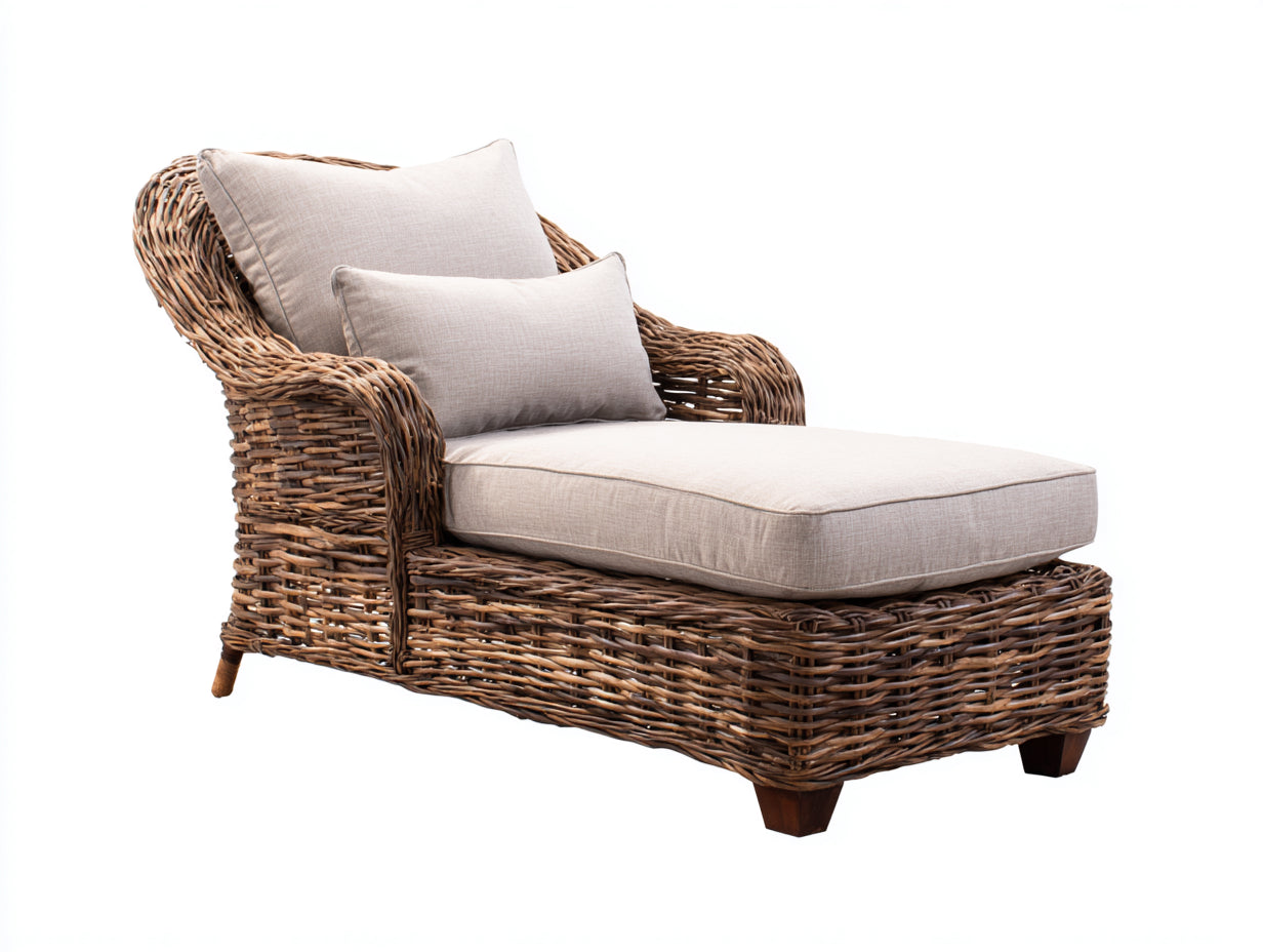 Bain de soleil - rotin-bois-tissu - 166x80x87 cm - naturel-beige - style naturel