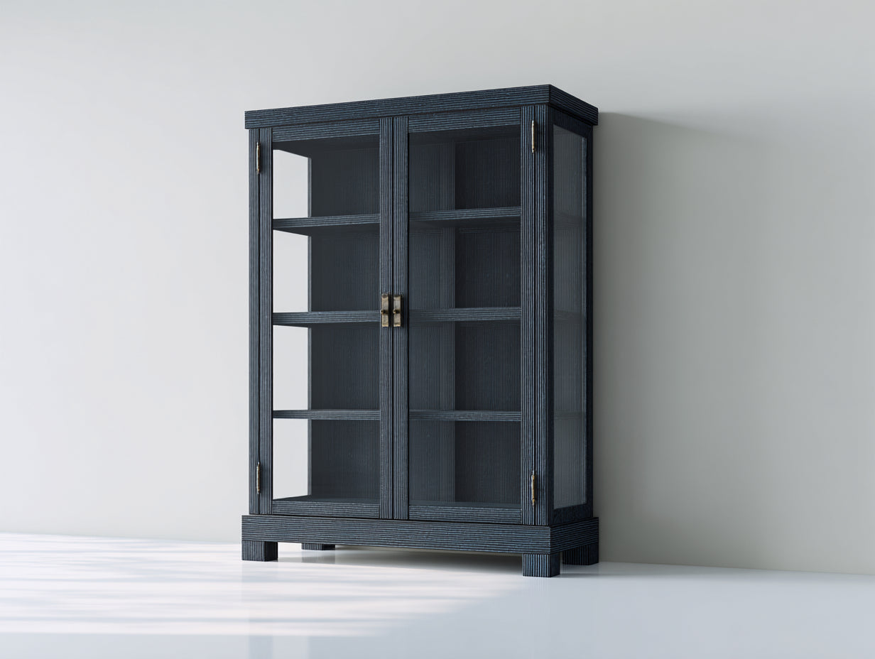 Vitrine-Bois-Verre-96x42x152 cm-bleu foncé-contemporain