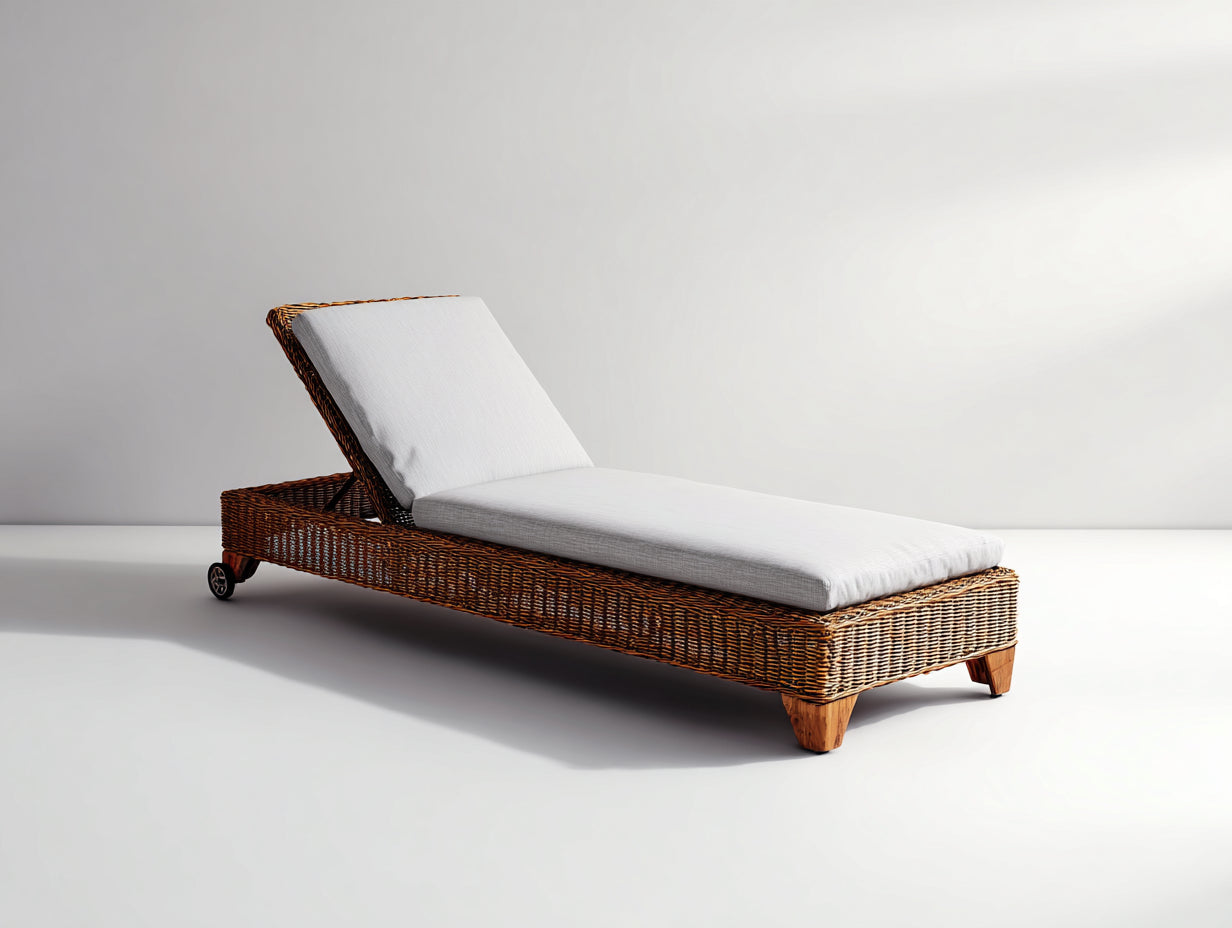 Bain de soleil - rotin-bois-tissu-métal - 192x68x74 cm - naturel-blanc - style contemporain
